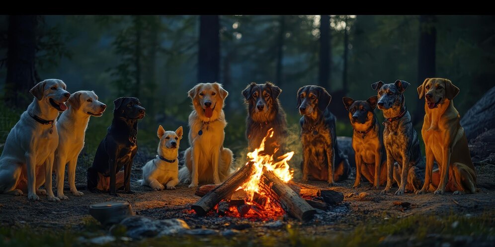 The Ultimate Guide to Camping Tents and Gear for Dogs 2024 7 colorful-assortment-dogs-sitting-around-campfire-evening