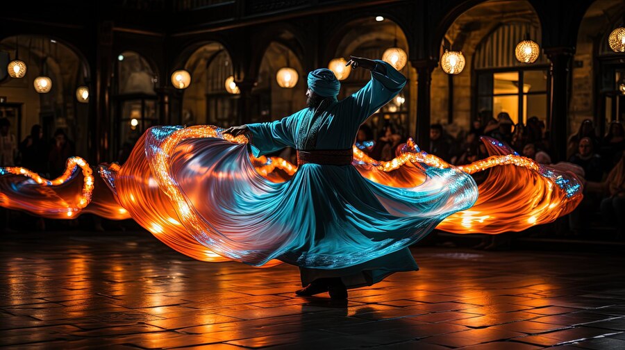 Iran Best Historical Places, Food, and Culture 2024 5 dancer-with-blue-green-dress-dancing-front-flame-lit-building