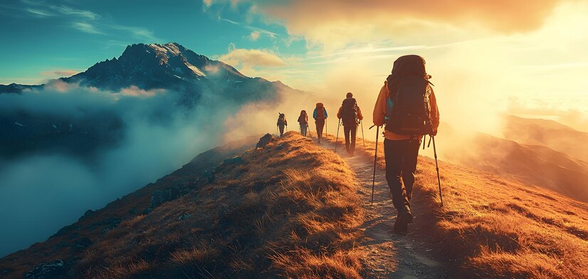 Top 20 Accessories for Best Hiking Experience in 2025 1 Hiking group-adventurers-embarking-scenic-mountain-hiking-trail-amidst-vibrant-nature