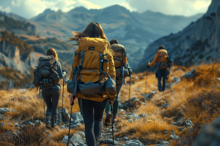 The Best Travel Gear for Women 2025: What You Should Pack 9 hiking-group-ascending-mountain-trail-with-backpacks-trekking-poles