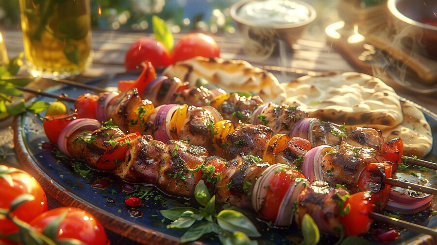 Iran Best Historical Places, Food, and Culture 2024 3 sizzling-skewers-marinated-meat-vegetables-rustic-outdoor-table-summer