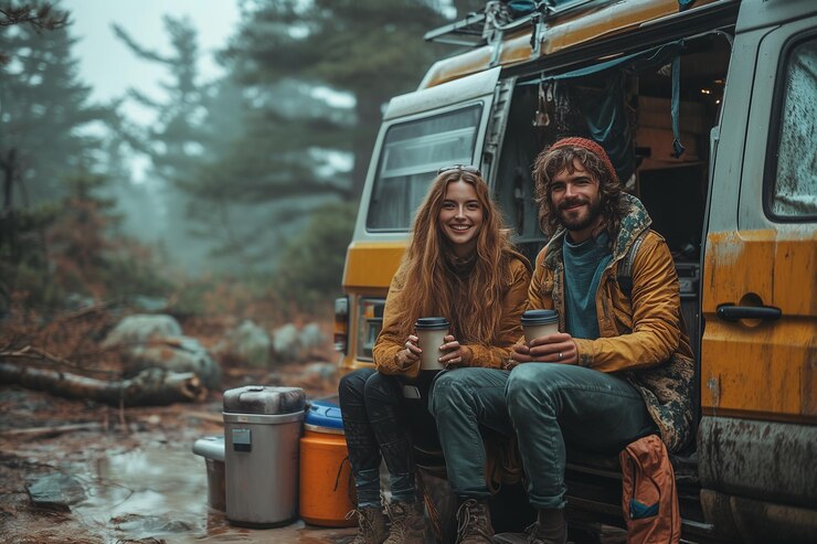 How Many Types of Camping, Right Gears, Expert Tips 2024 5 young-men-women-sit-threshold-their-camper-autdoor-forest-smiling