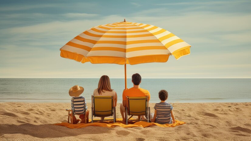 How to Choose Perfect Beach Cabana Best Guide in 2025 1 beautiful-landscape-beach-umbrella family-having-picnic-orange-yellowstriped-umbrella-sunny-beach